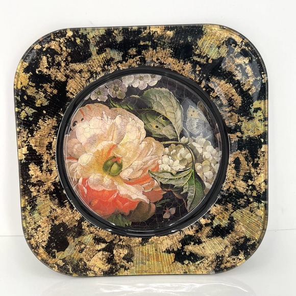 Vintage Signed Lesley Roy Gold Glass Floral Plate - Picture 1 of 7